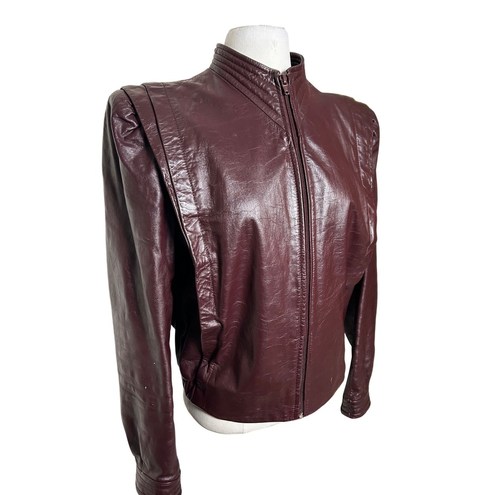 Berman's Vintage 80s Burgundy Leather Jacket Shoulder Pads Retro Fitted Biker